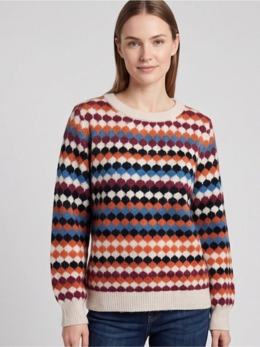 FatFace Brushed Diamond Pattern Crew Neck Sweater | Fuzzy Fluffy Knit